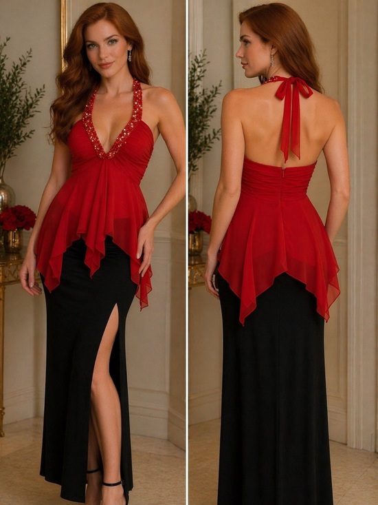 Niki Livas Tops - Vintage Y2K Red Beaded Halter Chiffon Top Fairycore Size 6